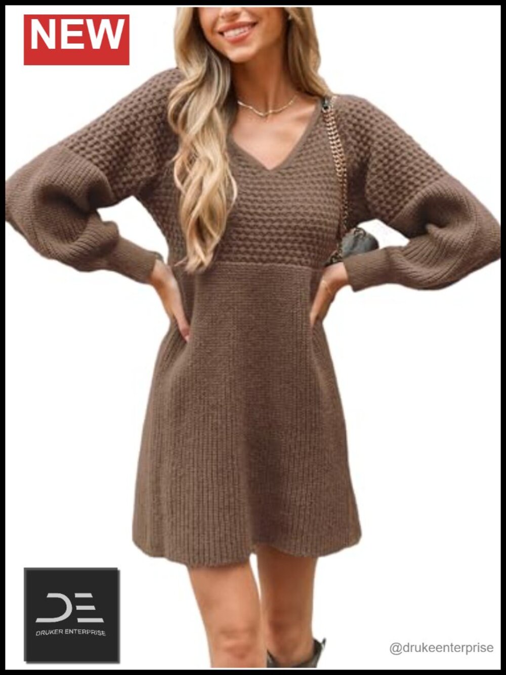 Women's V Neck Honeycomb Knit Sweater Dress Long Sleeve Mini